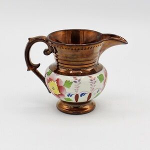 Antique Copper Luster Jug with Hand Painted Floral Designs